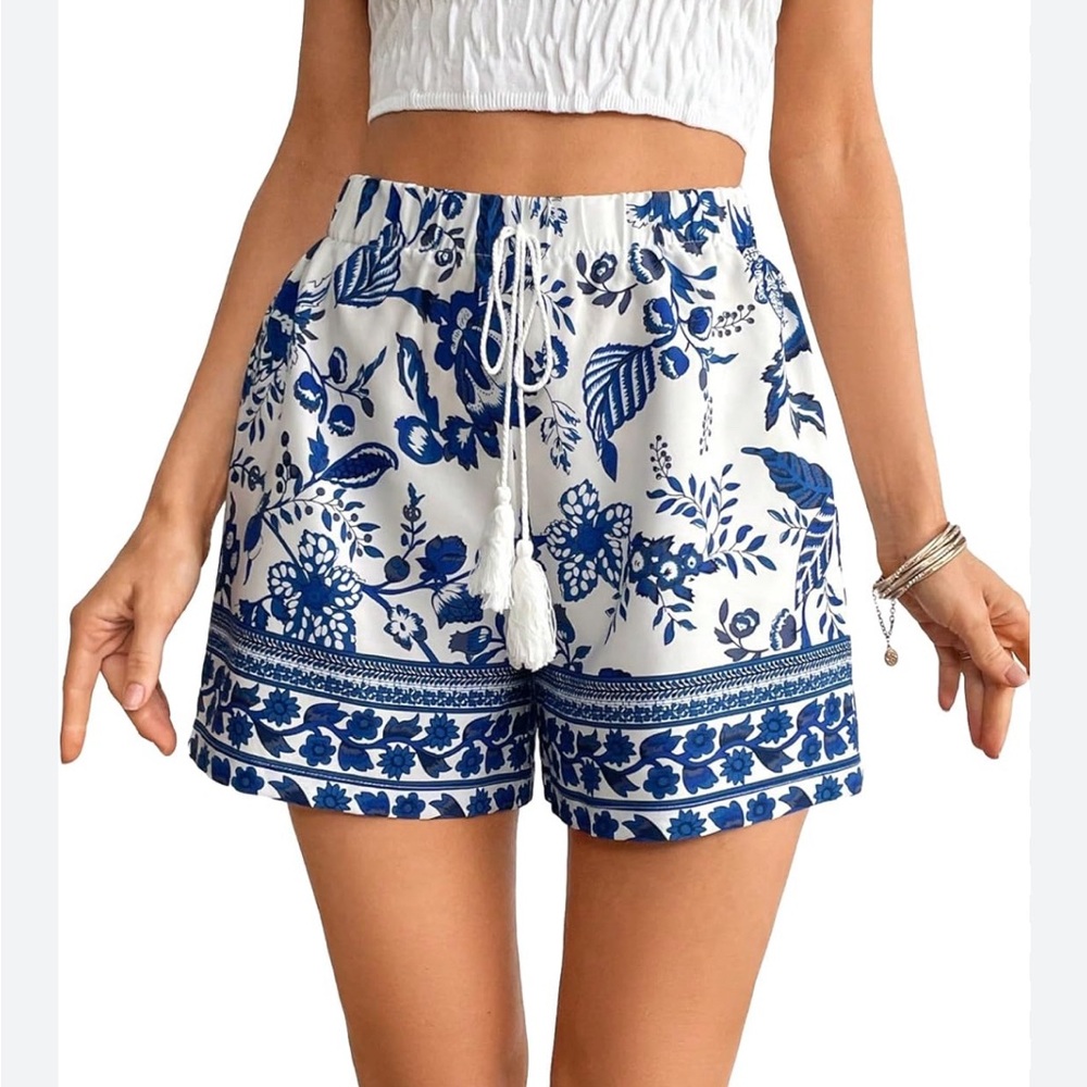 Blue Floral Drawstring Women’s Shorts